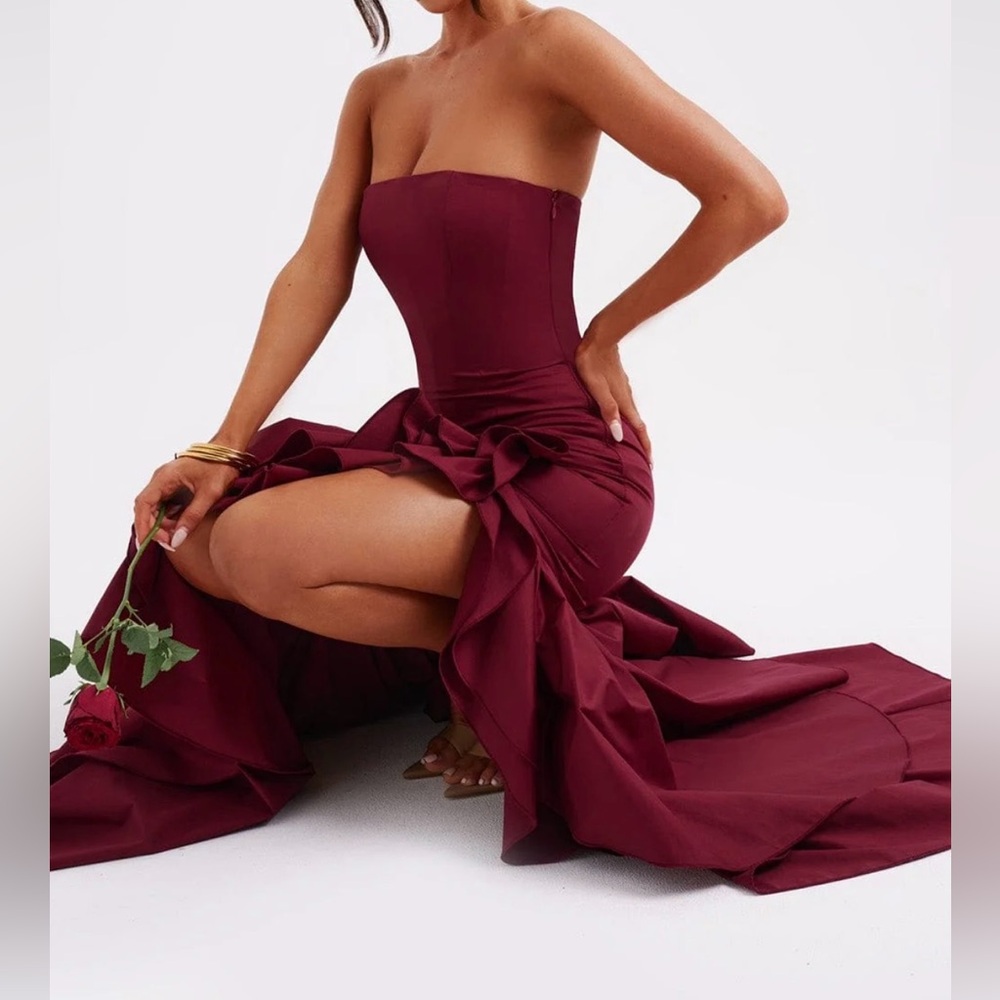 Strapless Burgundy Ruffle Dress